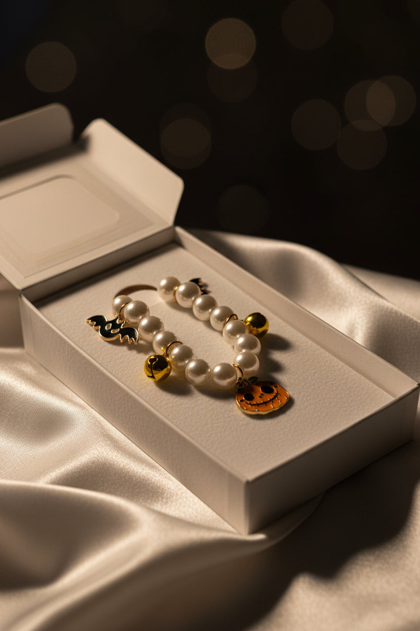 Halloween Jack face inspired pearl bell necklace small animal